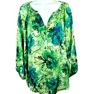 Kasper Colorful Floral Tunic Top Blouse Size Large Green Blue Long Sleeve